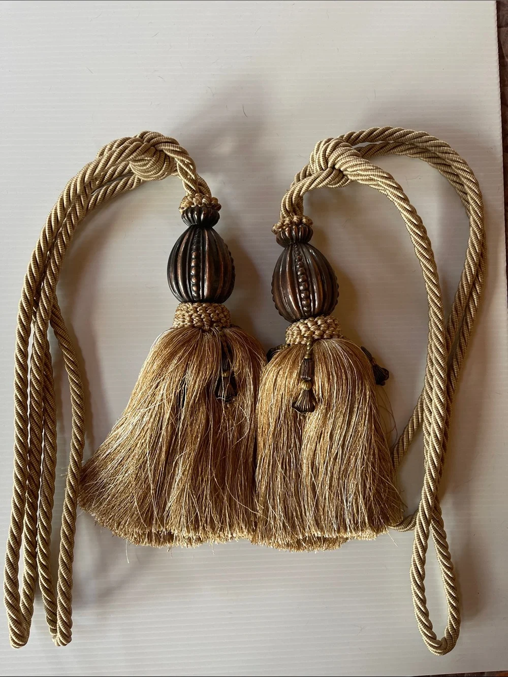 Pair of Gold Braided Cord Drapery Tiebacks Carved Ornamental Barrel Beads